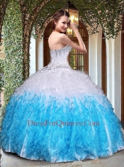 Exquisite White and Blue Quinceanera Dress with Beading and Ruffles