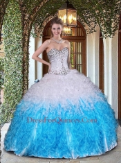 Exquisite White and Blue Quinceanera Dress with Beading and Ruffles