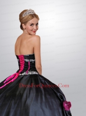 Gorgeous Pink and Black Quinceanera Dress with Hand Made Flower and Beading