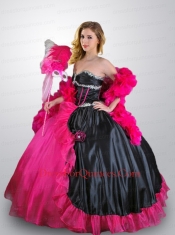 Gorgeous Pink and Black Quinceanera Dress with Hand Made Flower and Beading