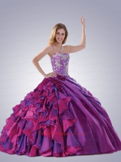 Gorgeous Strapless Appliques and Ruffles Quinceanra Dress in Purple