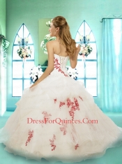 Gorgeous Strapless White Quinceanera Gown with Appliques and Hand Made Flower