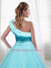Inexpensive A-line One Shoulder Ruching Quinceanera Dress in Light Blue