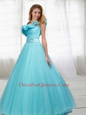 Inexpensive A-line One Shoulder Ruching Quinceanera Dress in Light Blue