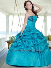 Inexpensive Strapless Blue Sweet Sixteen Dresses with Appliques and Pick-ups