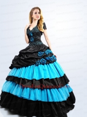 Modest V-neck Blue and Black Quinceanera Dress with Hand Made Flowers