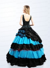 Modest V-neck Blue and Black Quinceanera Dress with Hand Made Flowers