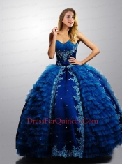 Most Popular Royal Blue 2014 Quinceanera Gown with Ruffles and Appliques