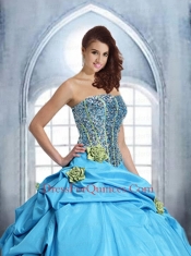 New Arrival Strapless Hand Made Flower and Beading Auqa Blue Quinceanera Dress For 2014