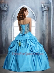 New Arrival Strapless Hand Made Flower and Beading Auqa Blue Quinceanera Dress For 2014