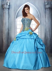 New Arrival Strapless Hand Made Flower and Beading Auqa Blue Quinceanera Dress For 2014