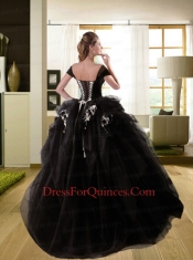 Off The Shoulder Ruffles and Hand Made Flowers Sweet 16 Dress in Black