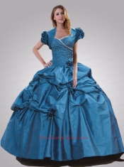 Sweetheart Blue Beading and Hand Made Flowers Quinceanera Dress