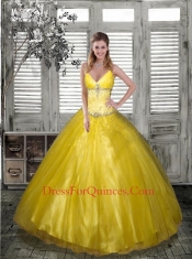 2014 Affordable V-Neck Yellow Quinceanera Dresses with Beading