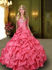 2014 Custom Made Strapless Watermelon Sweet 15 Dress with Hand Made Flowers and Beading