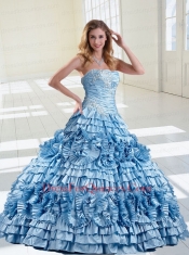 2014 Customize Light Blue Ruffled Layers and Appliques Quinceanera Dress