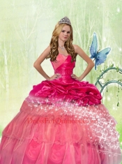 2014 Cute Hot Pink Sweetheart Organza Quinceanera Dresses with Pick-ups