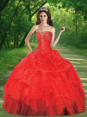 2014 Popular Strapless Red Quinceanera Dresses with Beading and Ruffled Layers