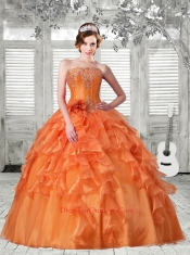 2014 Pretty Puffy Strapless Ruffles Orange Red Dress For Quinceanera