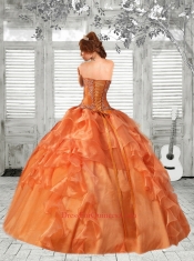 2014 Pretty Puffy Strapless Ruffles Orange Red Dress For Quinceanera