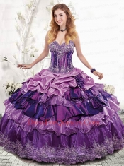 2015 Exclusive Sweetheart Appliques and Ruffles Purple Dress for Quinceanera