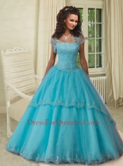 2015 Strapless Aqua Blue Quinceanera Gown with Lace Appliques