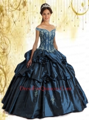Affordable Off The Shoulder Appliques and Pick-ups Navy Blue Sweet 16 Dresses For 2014