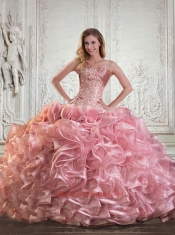 Beading and Ruffles Strapless Baby Pink Dress For Quince
