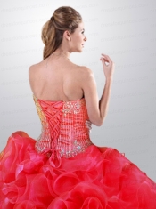 Beautiful Beading and Ruffles Coral Red Quince Dresses For 2014
