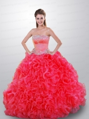 Beautiful Beading and Ruffles Coral Red Quince Dresses For 2014