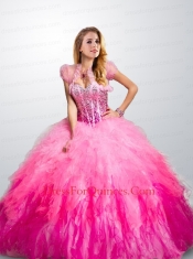 Elegant Sweetheart Pink Quinceanera Dress with Ruffels and Beading for 2015