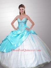 Elegant Sweetheart White and Blue Quincenera Dress with Appliques and Beading