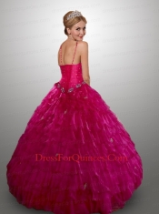 Exquisite Straps Ball Gown Ruffles and Beading Hot Pink  Quinceanera Dresses