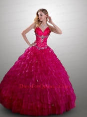 Exquisite Straps Ball Gown Ruffles and Beading Hot Pink Quinceanera Dresses