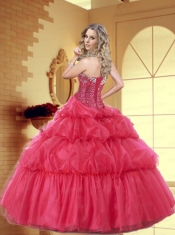 Exquisite Sweetheart Coral Red Quinceanera Dresses with Pick-ups and Appliques for 2015
