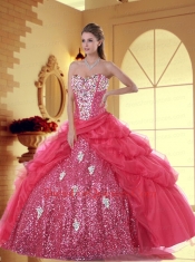 Exquisite Sweetheart Coral Red Quinceanera Dresses with Pick-ups and Appliques for 2015