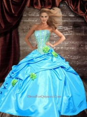 Inexpensive Strapless Beading and Flowers Aqua Blue Quincenera Dresses
