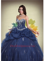 Navy Blue Sweetheart Beaded Decorate Quinceanera Dress with Pick Ups