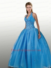 Perfect Beaded Decorate Halter Top 2015 Sweet 16 Dress in Aqua Blue