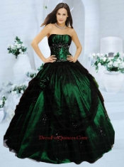 Popular Strapless Dark Green Quinceanera Dresses with Appliques and Hand Made Flower