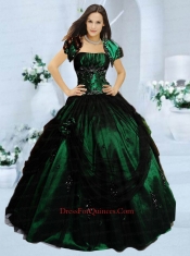 Popular Strapless Dark Green Quinceanera Dresses with Appliques and Hand Made Flower