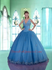 Simple V-neck Blue Quinceanera Gown with Lace Appliques