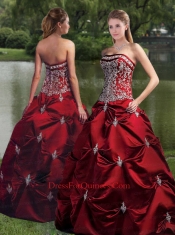 Strapless Ball Gown Wine Red Quinceanera Dress with Embroidery