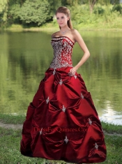 Strapless Ball Gown Wine Red Quinceanera Dress with Embroidery