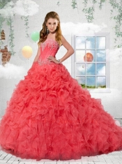 The Most Popular Coral Red Sweetheart Quinceanera Dress with Appliques For 2014
