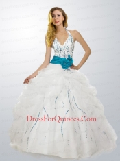 White Halter Top Beaded Decorate 2015 Sweet 16 Dress with Sash