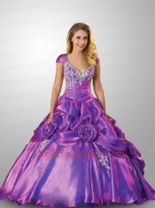 Wonderful Cap Sleeves Purple Quinceanera Dress with Hand Made Flowers and Pick Ups