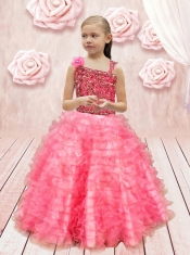 2014 Asymmetrical Beautiful Little Girl Pageant Dress with Appliques Ruffles in Watermelon