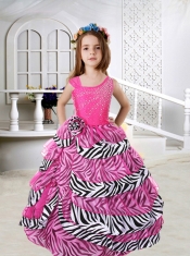 2014 Beautiful Hot Pink Asymmetrical Beading Zebra Little Girl Pageant Dresses with Ruffled Layers