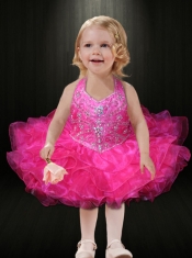 2014 Beautiful Hot Pink Halter Little Girl Dress with Beading and Ruffles